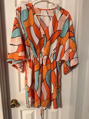 SHEIN Orange Teal White Patterned Short Sleeve Drawstring Romper